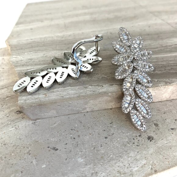 NEW ~ Anthropologie Pavé X Baguette Fancy Flower Drop Stud Silver Earrings - Picture 5 of 14